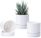 Phoenix Vine 4 Inch Planter Pot with Drainage Hole & Saucer, Deep Water Catch Tray, Straight Cylindrical Round Pot for Plants, Matte White, Pack of 3, 23-B-R-3