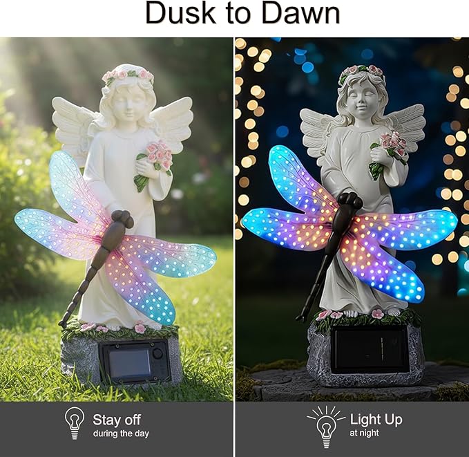 Starryfill Solar Angel Garden Statue with Color Changing Dragonfly Lights - 12 Inch Hand-Painted Resin Figurine, Auto Dusk-to-Dawn Waterproof Outdoor Decor for Patio, Yard, Lawn, Memorial Mother Gift
