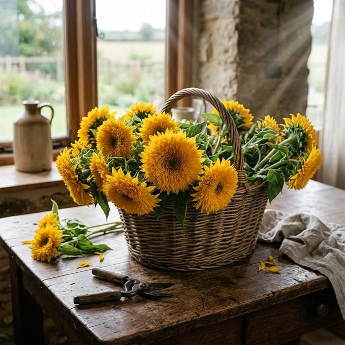 50 Teddy Bear Sunflower Seeds, Dwarf Double Bloom, Golden Yellow, Full Sun, Easy to Grow, Great for Containers
