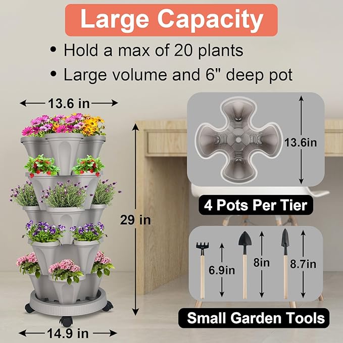GameXcel Vertical Planter Tower - 5 Tier Stackable Garden Planters with Wheels and Tools Plant Pots for Strawberry Herb Flower and Vegetable Indoor Outdoor Use Gray 2 Pack