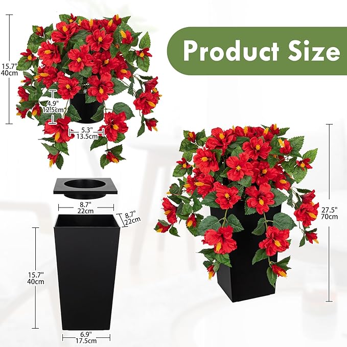 Briful 27.5" Artificial Hibiscus Plant in Tall Black Planter, Large Faux Tropical Flower Arrangement for Front Door Porch Patio Balcony Outdoor Indoor Decoration, UV Resistant Fake Red Hibiscus Tree