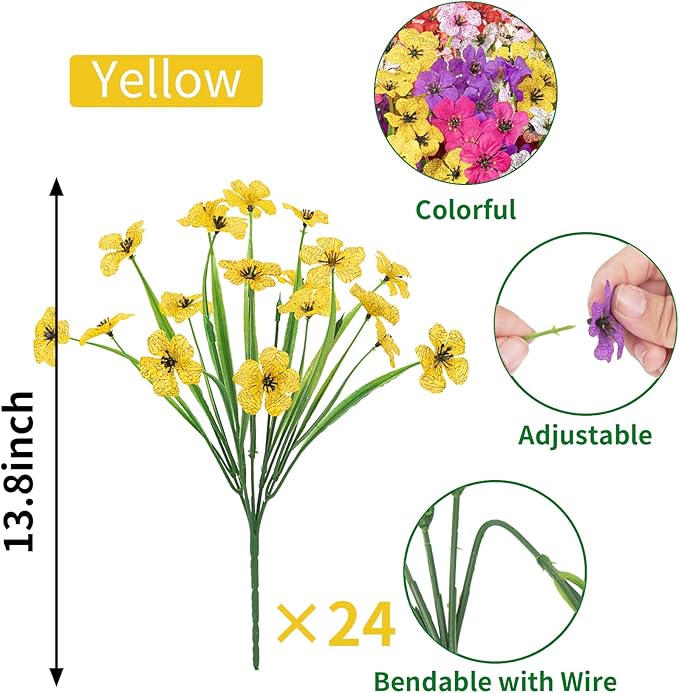 Roberly 24 Bundles Artificial Flowers for Outdoors UV Resistant Silk Fake Flowers Faux Plastic Plants for Porch Garden Window Box Indoor Outdoor Spring Summer Home Farmhouse Decor, Yellow