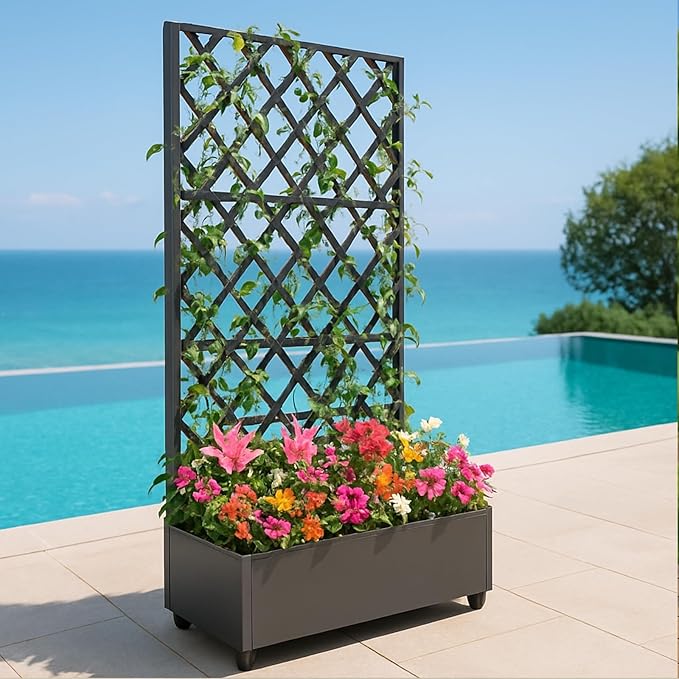 Metal Raised Garden Bed with Trellis and Wheels, 72"x35" Planter Box for Climbing Plants, Vegetables & Vines, Features Drainage Holes and Privacy Screen