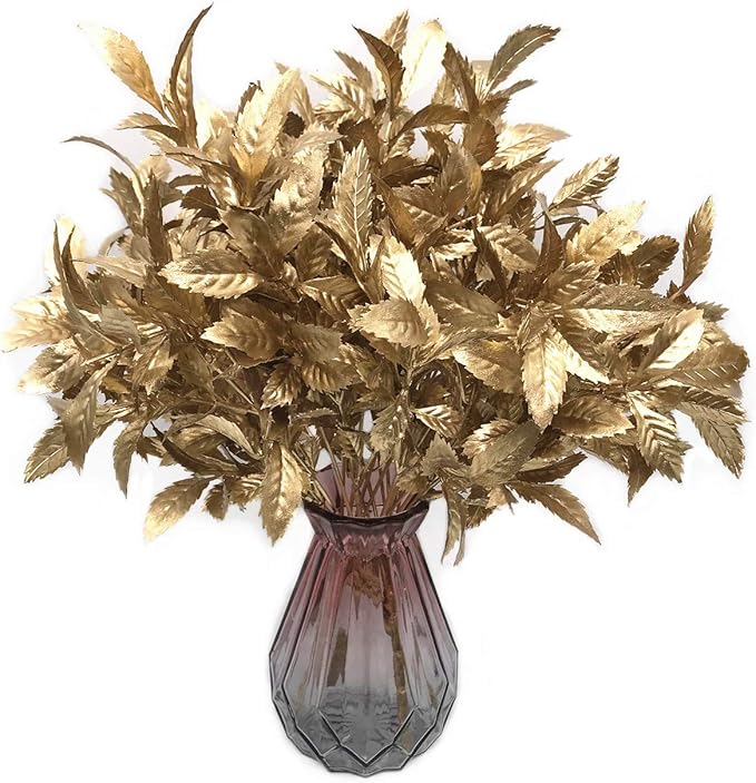 PASYOU Artificial Plants for Christmas Decor, Plastic Grass Fake Shrubs Simulation Leaves Indoor Outdoor Home Garden Planter Filler Party Hotel Verandah Wedding Faux DIY Decoration - Gold 4 Pack