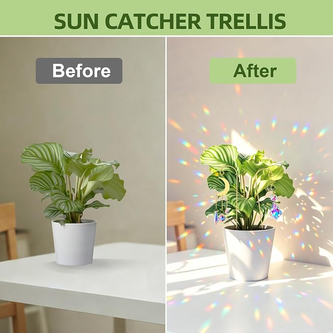 2PCS Metal Plant Trellis with Crystal Sun Catchers,6.7inch Mini Plant Stakes, Rainbow Crystal Prisms Decor for Potted Plants(Gold)