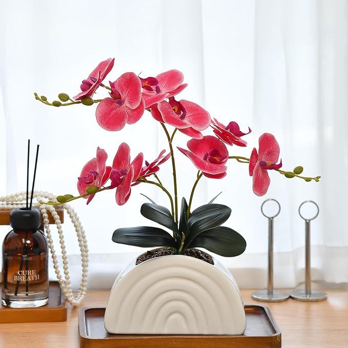 Fake Orchid Plant in White Rainbow Pot, Artificial Silk Phalaenopsis Orchid Flowers for Home Décor, Table Centerpiece, Office Desk (Rose Red)