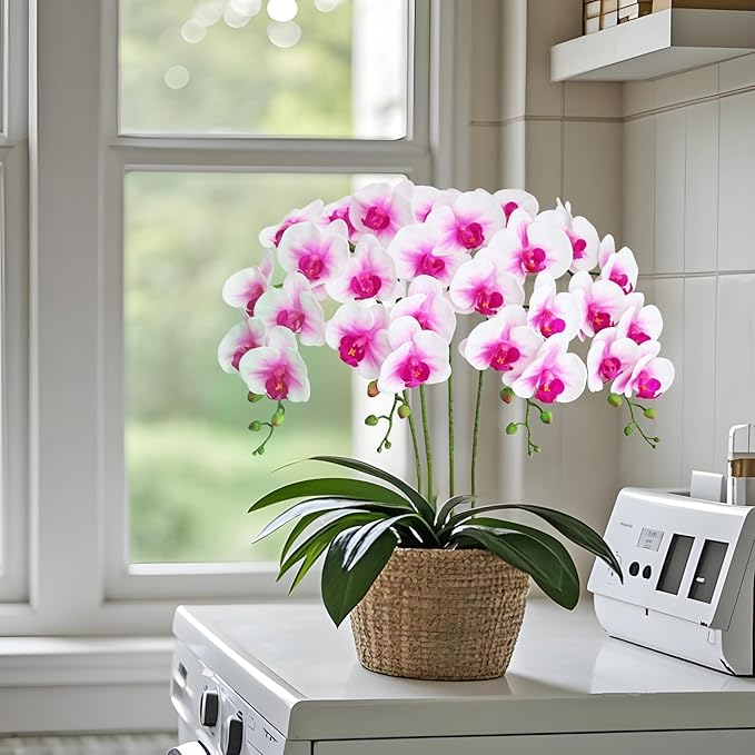 Htmeing 38 Inch Artificial Phalaenopsis Flowers Branches Real Touch (Not Silk) Orchids Flowers for Home Office Wedding Decoration,Pack of 2 (White Pink)