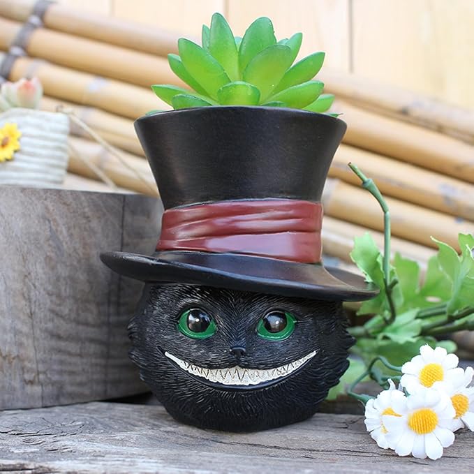 Unique Black Cat Head Little Planter Pot, Cute Succulent Indoor Flower Pot, Funny Novelty Resin Plant Flowerpot with Drain Hole, Cat Pen Brushes Holder, Lovely Desk Room Home Decor