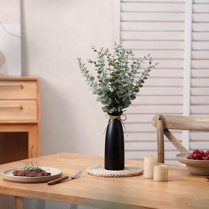 Vase with Greenery, 20pcs Artificial Eucalyptus Stems in Black Vase, Fake Plant Home Decor, 19" Decorative Faux Plants for Home Farmhouse Mantle Centerpiece Decor