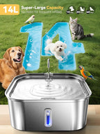 Large Dog Water Fountain 14L/3.7Gal, Stainless Steel Pet Fountain for Large Dogs and Multi-Pets Families, Visible Window & Extra Wide Drinking Area, Enlarges Capacity & Saves Space (with 3pcs Filters)