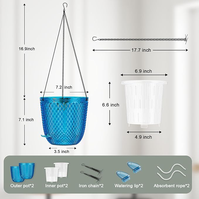QCQHDU Self Watering Hanging Pots, 2-Pack 7.2 Inch Hanging Planters for Indoor Plants, Plastic Plant Hanger with Drainage Holes and 3 Hooks Chains for Garden Home (Klein Blue)