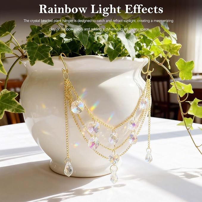 Crystal Beaded Plant Hanger | Rainbow Refraction Decor for Pots | Indoor Outdoor Hanging Chain | Home, Balcony, Office, Garden Gifts