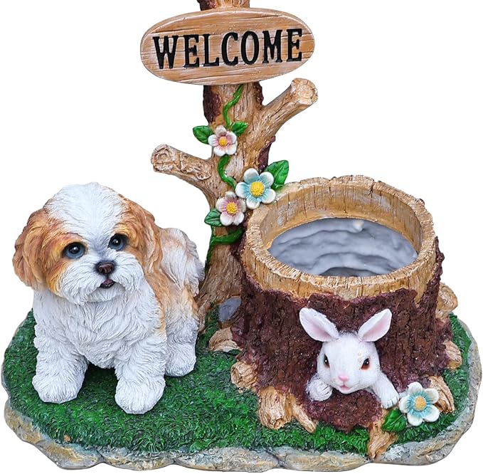Animal Outdoor Statue Planter Solar Light Welcome Garden Sculpture Resin Flower Pot Decorative Porch Patio Yard Lawn Entryway Figurine with LED Lamp Rustic Plant Holder Ornament Courtyard (E)