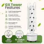 GX Hydroponic Tower | Vertical Planter Tower | Hydroponics Growing System Kit | Food Grade with 24 Net Pots (with LED Grow Lights)