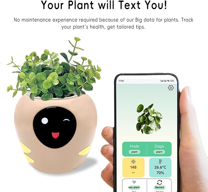 Smart Plant Pot with Expression, AI Intelligent Flower Pot for Indoor Decoration, Smart Garden Pot with Water/Light/Temperature Sensors, Ivy AI Planter (Pink（Big）)
