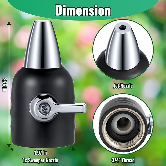 Feekoon Jet Nozzle with Shut Off, 3/4" GHT Sweeper Garden Hose End Zinc Nozzle with Shut Off Valve, Water Hose Sprayer Jet for Garden Watering, Car Washing and Sidewalk Sweeping(Black,1 Pack)