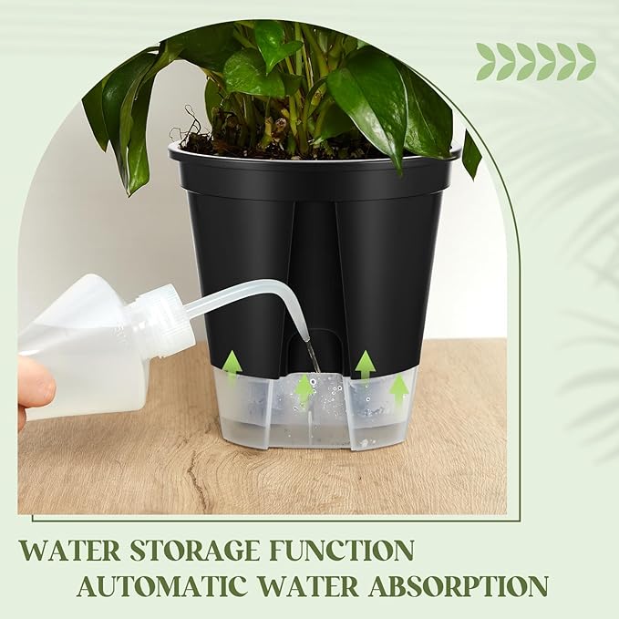 Wonderjune Self Watering Pots for Indoor Plants with Deep Reservoir and High Drainage Holes for Outdoor Plants and Flowers, Bare Root Planter(5.91'',Black,9 Pcs)