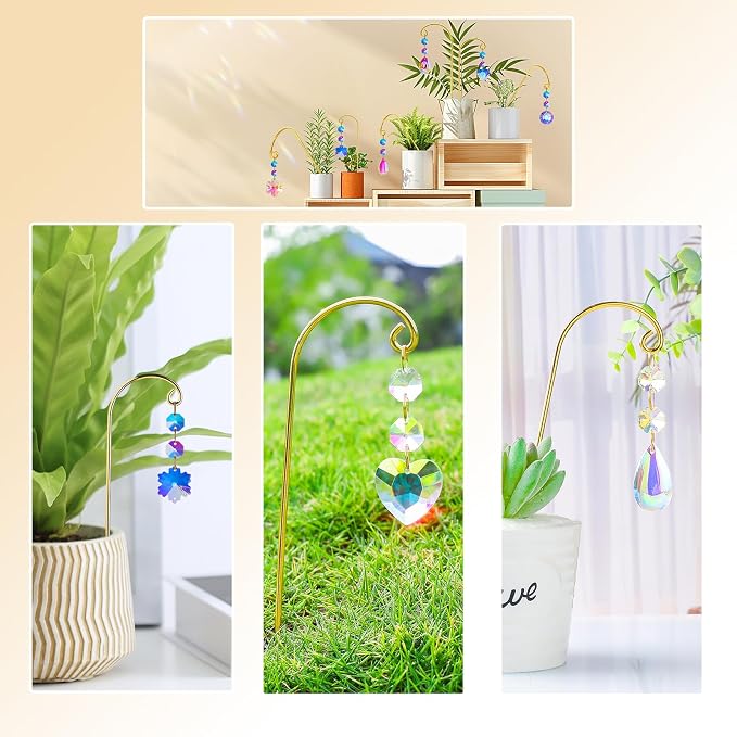 Potted Plant Trellis with Colorful Crystal Sun Catchers, 6.7 Inch Metal Plant Stakes, Fairy Stakes for Mini Potted Plant Decoration for Home Window Garden (8 Pack)