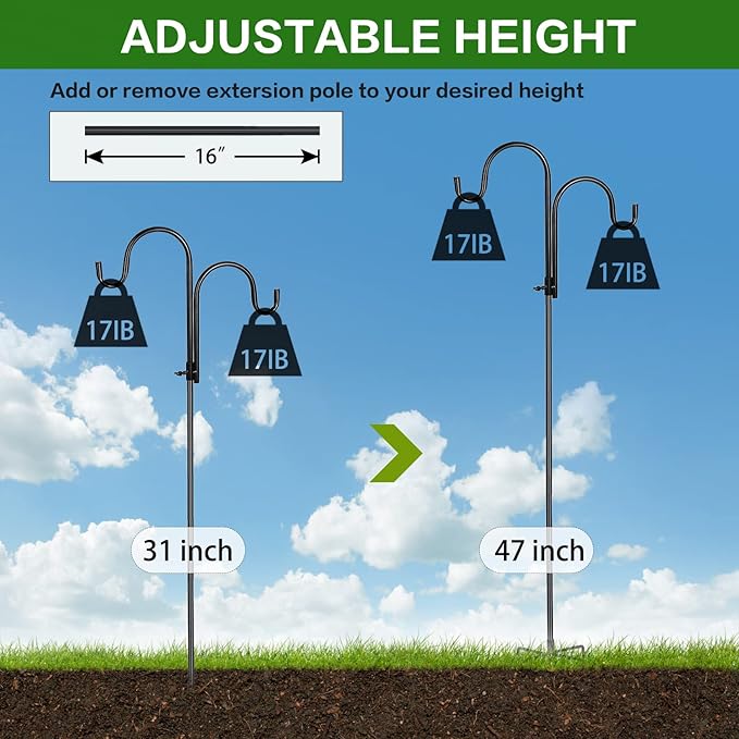 2 PCS Adjustable Double Shepherds Hook for Outdoor 47 inch Garden Shepherds Hook Garden Hanging Holder for Solar Lights Lanterns Bird Cages Weddings Plant Baskets