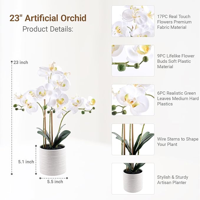 Artificial Orchid Flowers Fake Phalaenopsis Plant in Pot, 23" Tall Faux Orchids for Home Decor Indoor, Lifelike Silk Flowers for Centerpieces Office Arrangement-White