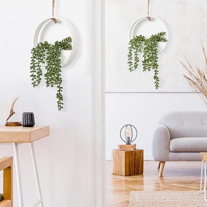 CEWOR 2pcs Artificial Hanging Succulent Plants, Fake String of Pearls in Pot with Lanyard Boho Wall Decor for Bathroom Living Room Home Indoor Outdoor Decorations, White