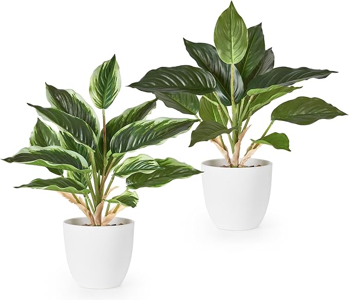 Mkono 2 Pack Fake Plants in Pot, 11" Potted Artificial Plants for Home Decor Indoor Faux Green Leaf Plant with Modern White Planter for Desk Shelf Office Room Decoration (Pothos)