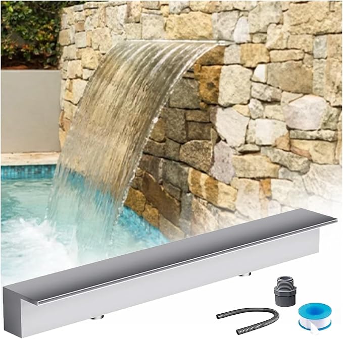 Waterfall Spillway for Indoor/Outdoor Decorative,Stainless Steel Fountain Spillway Kit Modern Embedded Design for Pools & Garden Ponds One Piece Waterfall Outlet for Outdoor Decor & Landscap