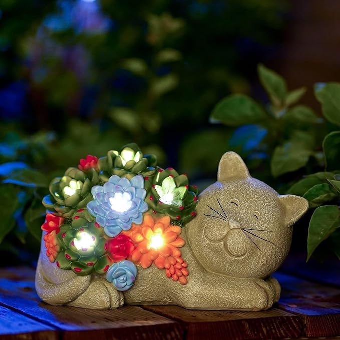 Qeeman Garden Solar Cat Statues: Outdoor Figurine Decor Ornaments for Patio Art Balcony Yard Lawn - Birthday Gifts for Mom Grandma Women