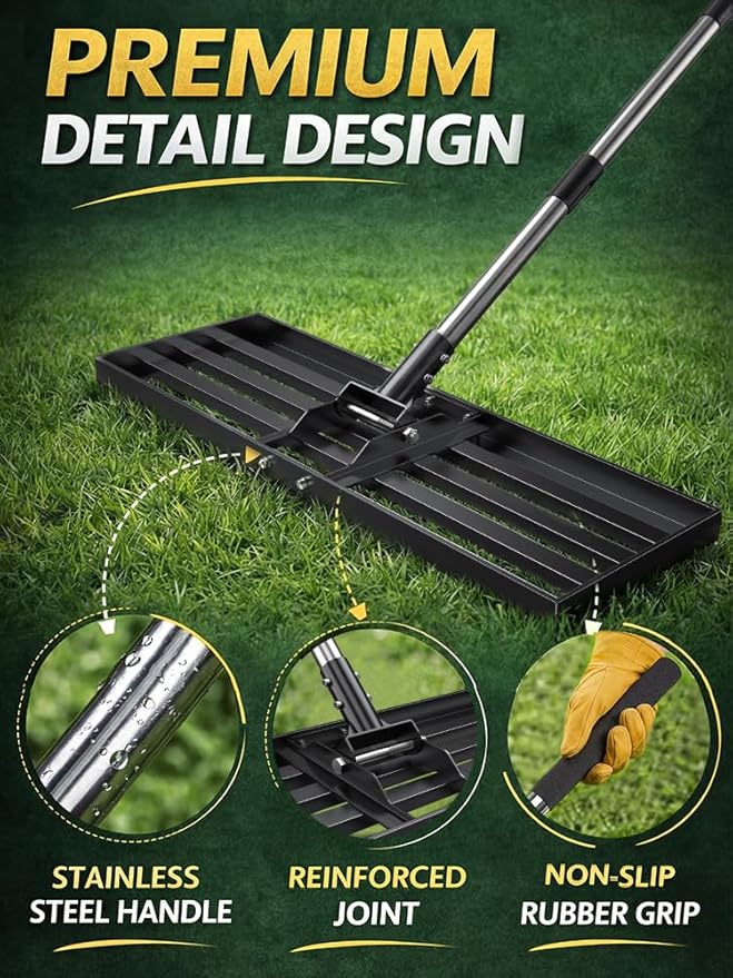 30x10 inch Lawn Leveling Rake, Yumatum 72" Effort Saving Lawn Leveler Tool, Stainless Steel Handle Lawn Leveler for Golf Course Yard Pasture Garden, Professional Lawn Care Landscape Rake