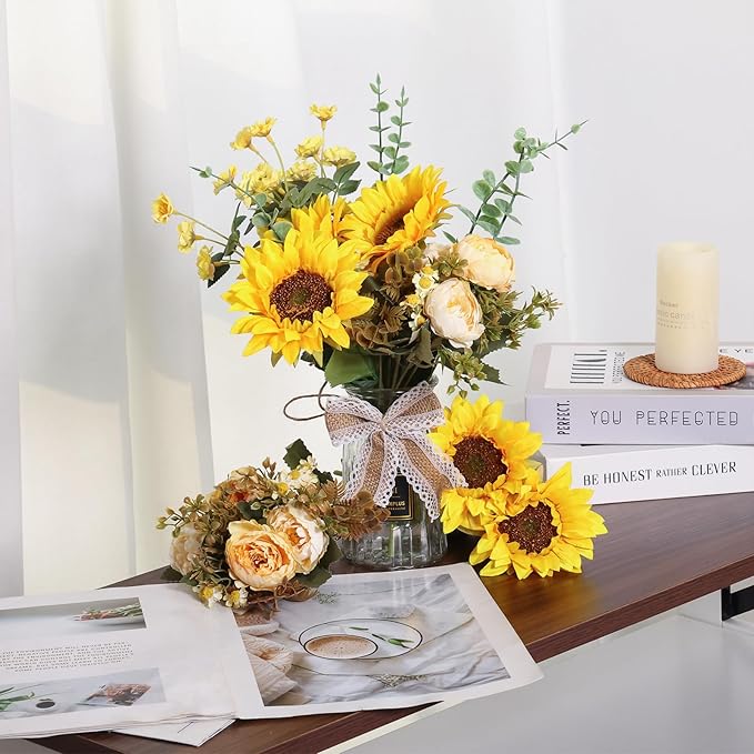 CEWOR Fake Flowers in Vase, Artificial Flowers with Vase Faux Silk Floral Arrangement Table Centerpieces Decor for Home Office Dining Farmhouse Coffee Table Living Room Bathroom Plant Decor(Yellow)