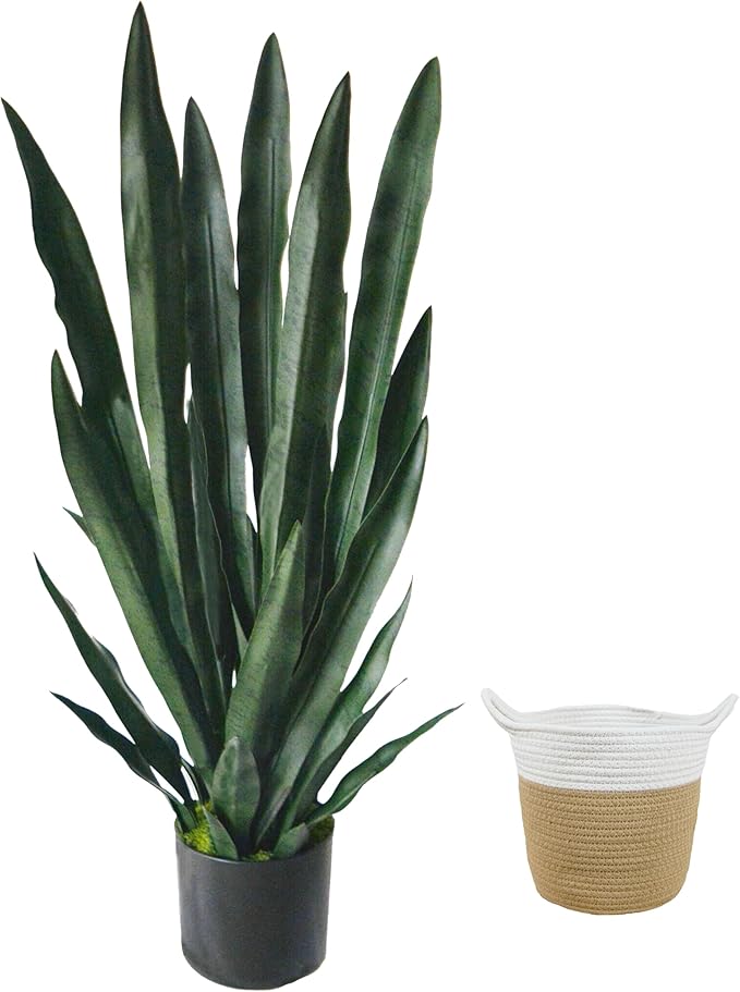 Warmplants Artificial Snake Plant, 3ft Fake Sansevieria with Basket, 35" Fake Mother in Law Plants, Perfect Faux Potted Plant Greenery for Indoor Home Office Store Lifelike Decoration (Green)