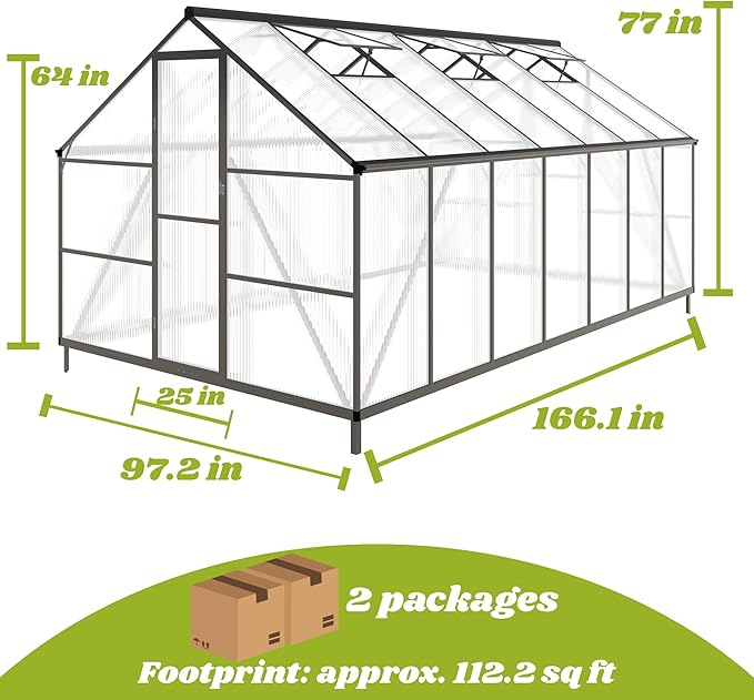 8x14 FT Greenhouse for Outdoors, Polycarbonate Greenhouse with Quick Setup Structure and Roof Vent, Aluminum Large Walk-in Green House for Outside Garden Backyard, Dark Gray