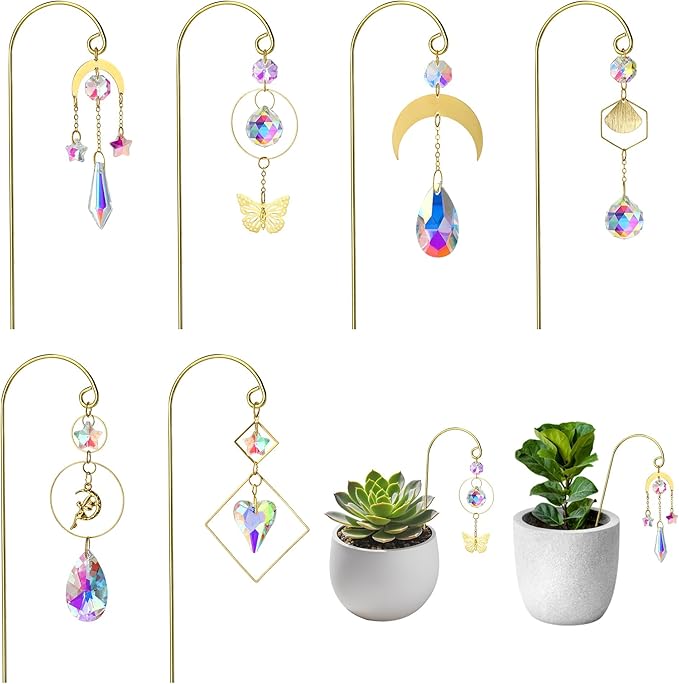 HDCRYSTALGIFTS 6 Pack Crystal Suncatcher, Garden Suncatchers with Gold Small Trellis for Potted Plants Indoor Plant Accessories Sun Catchers Trellis for Garden Home Window Decor