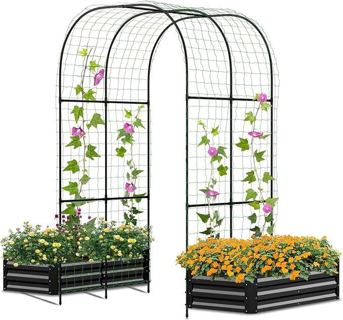 SUNYRISY Galvanized Raised Garden Bed with 87" H Arch Trellis for Climbing Plants Outdoor, Metal Planter Box with Netting for Gardening Flowers Vegetables Fruit, Black