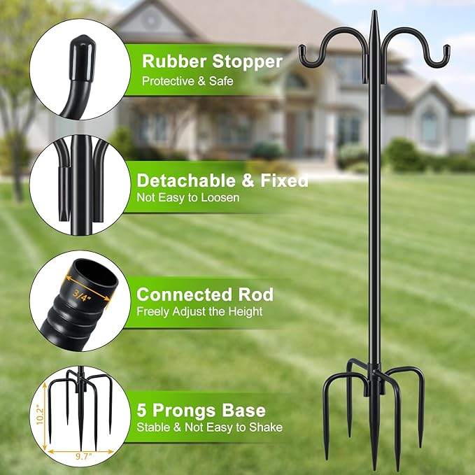 Gtongoko Double Shepherds Hook 92 Inch Bird Feeder Pole 1 Pack 3/4 Inch Thick Heavy Duty Garden Hooks for Outdoor Hanging Hummingbird Feeder, Plant Baskets, Solar Light Lanterns, String Light