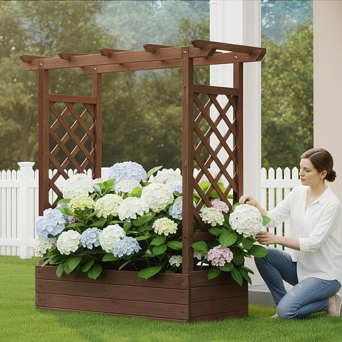 VINGLI 45 in Raised Garden Bed with Trellis & Hanging Roof, Wooden Elevated Planter Box with Drainage Holes for Outdoor Climbing Plants Vegetables Flowers, Patio Yard Balcony (Carbonized Wood, Medium)