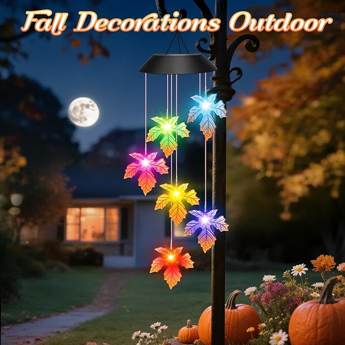 Fall Decor Thanksgiving Decorations Birthday Gifts for Women, Winzwon Solar Lights Outdoor Wind Chimes for Outside Garden Yard Patio Porch Decor Hanging Maple Leafed Halloween Autumn Decorations
