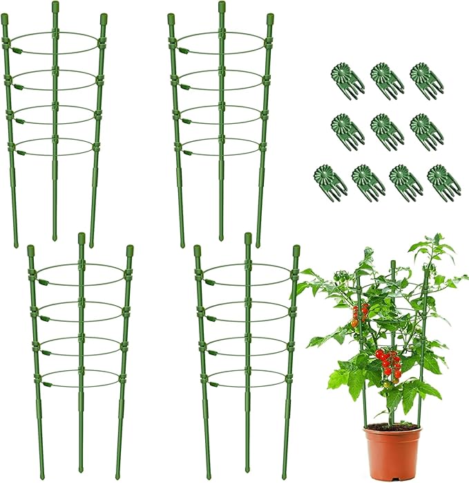 Legigo 4 Pack 24 Inch Plant Support Cages Tomato Cage for Garden- Plant Cages Adjustable Rings, Tomato Plant Support Stakes Trellis for Pots, Peppers, Cucumbers and Flowers with 10 Plant Clips