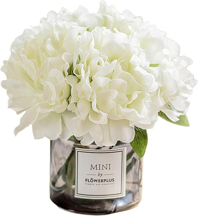Artificial Hydrangea Flowers with Vase Realistic Faux Peonies, White Hydrangea for Living Room, Dining Table, Office, Wedding, Banquet & Home Decoration