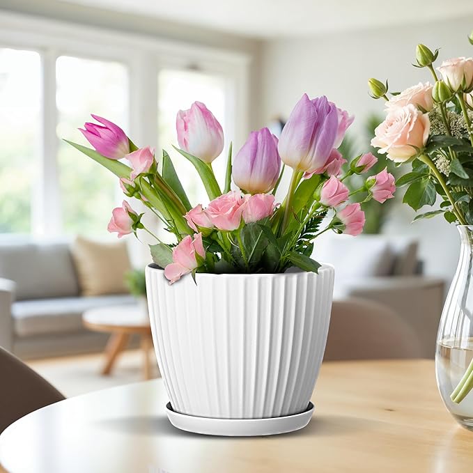White 6-Inch Plant Pots with Drainage & Saucers 6 Pack, Indoor & Outdoor Planters for Houseplants, Herbs, and Flowers, Durable & Weatherproof Material, Stackable, Lightweight, Minimalist Design