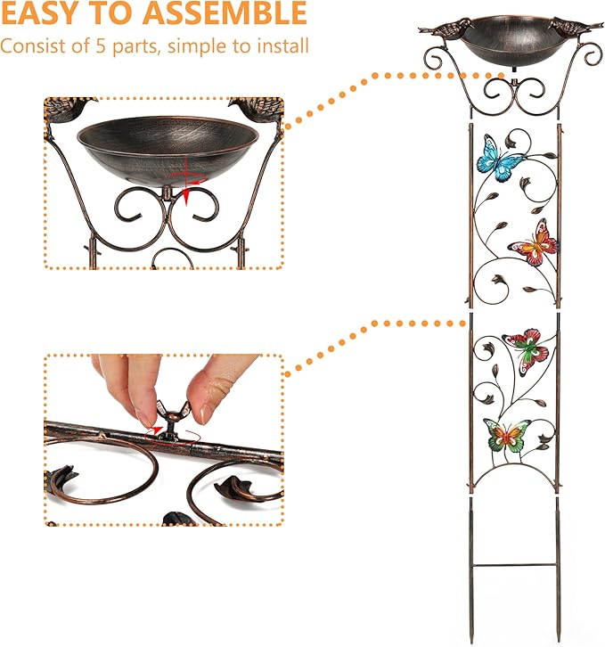 Bird Bath for Outside, Freestanding Birdbath and Trellis 2 in 1 | 43.5 In, Antique Iron, Rust-Proof, Decorative with Butterflies, Detachable Drinking Basin Bowl, Birdfeeder Station