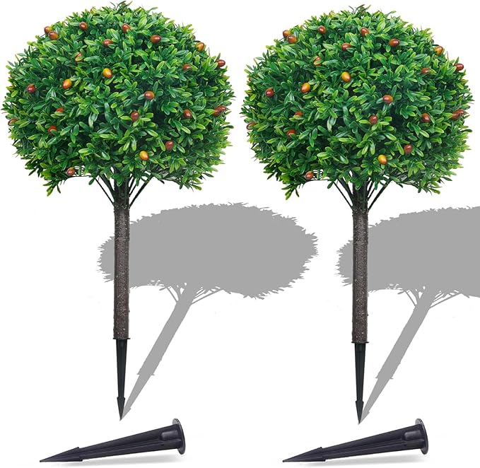 PATIO CHOICE Artificial Topiary Boxwood Ball Trees Set of 2 30" Fake Outdoor Plants Realistic Olive Tree Fake Bushes Lifelike Shrubs Decorations for Outdoor Indoor Front Porch Garden