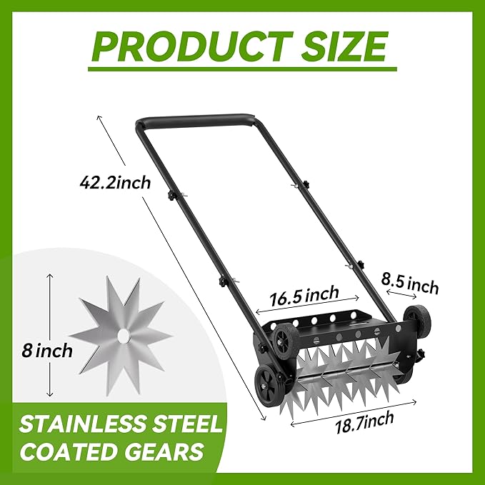 Lineware 18-Inch Lawn Aerator,Heavy Duty Push Spike Aerator with 4 Wheels,Aerator Lawn Tool with Steel Handle, Manual Aerator Lawn Tool with Foam Armrests, Suitable for Lawn, Garden and Yard