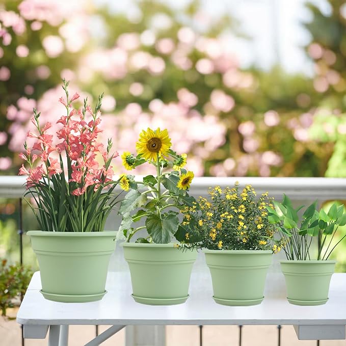 Pottiffe 16 inch Plastic-Flower-Pot-for-Indoor-Plants, 4 Pack Large Outdoor Planter Pot with Drainage Holes & Saucers, Resin Decorative Garden Pots Planters
