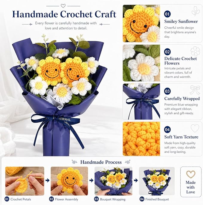 Crochet Flower Bouquet Handmade Knitted Sunflower Artificial Bouquet Positive Crocheted Sunflowers Bouquet with Exquisite Wrap for Valentine Mother's Day Graduation Anniversary
