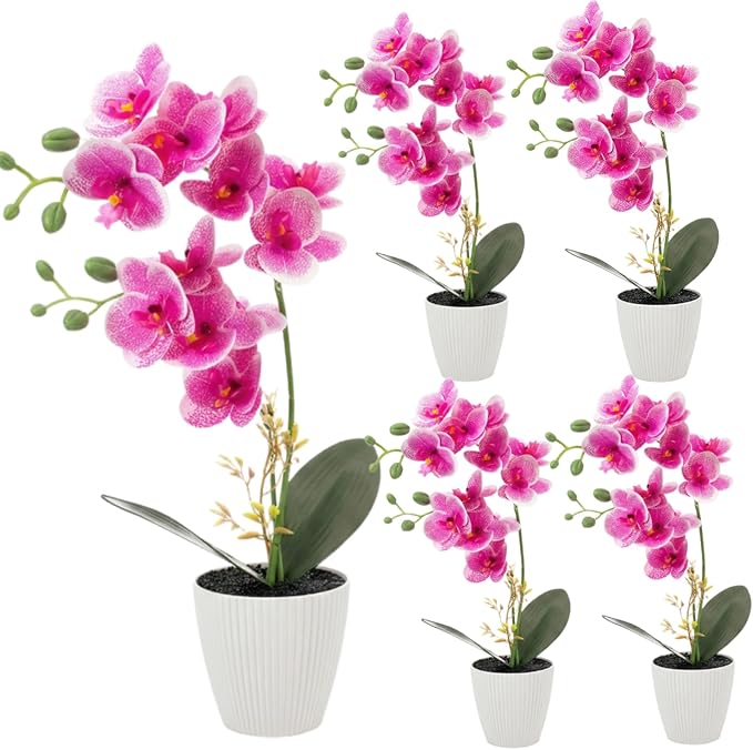 Suncalla 4 Pack 17" Tall Artificial Silk Phalaenopsis Orchid Flower Plant in Pot Purple Potted Orchid Flowers Indoor for Table Centerpieces Arrangements Home Office Wedding Party Decoration