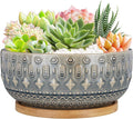 8 Inch Ceramic Succulent Planter Pots with Drainage Hole Flower Pot for Indoor Plants Round Shallow Bonsai Pot with Bamboo Tray Blue