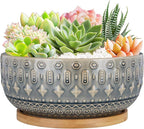 8 Inch Ceramic Succulent Planter Pots with Drainage Hole Flower Pot for Indoor Plants Round Shallow Bonsai Pot with Bamboo Tray Blue
