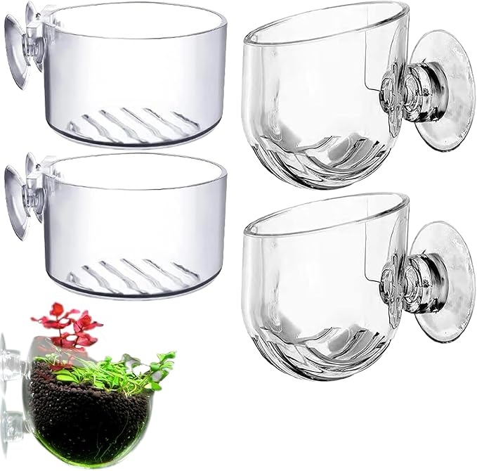 4 Pcs Aquarium Plant Pot Planter, Glass Fish Tank Plants Holder, Aquarium Decoration Plant Cup with Suction Cups for Fishes Tank Ornament Aquarium Décor Plastic Plants Fish and Aquatic Pets