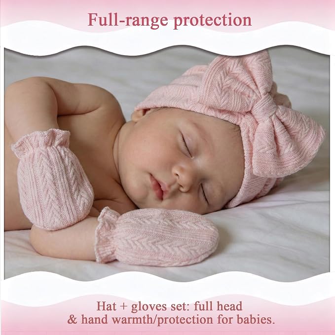 Newborn Baby Girl Hats Mittens Set Cotton Hospital Bow Hat Beanies Caps Gloves for New Born Girls 0-6 Months